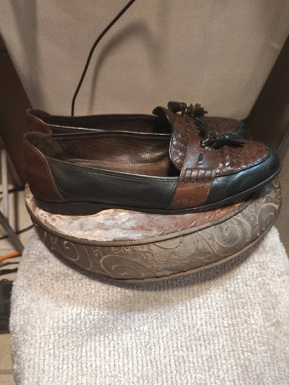 Cole Haan Brown Woven Leather Tassel Loafers with Black Trim